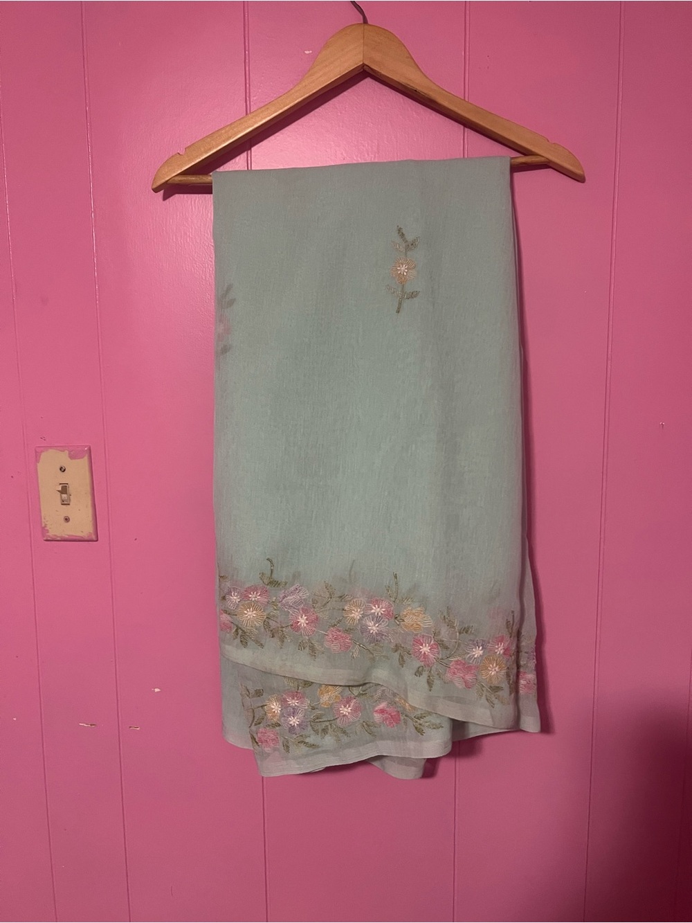 Light Pastel Mint/Aqua Floral Embroidered Saree Only